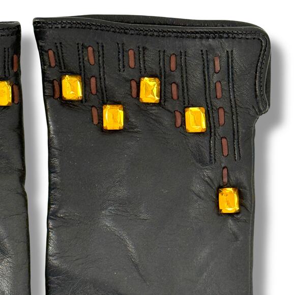 Leather Embellished Driving Gloves Womens Size 7 Black Yellow - Picture 3 of 6